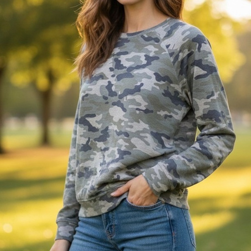 Rebellious One Green Camo Raglan Pullover Sweatshirt Athleisure Green XL